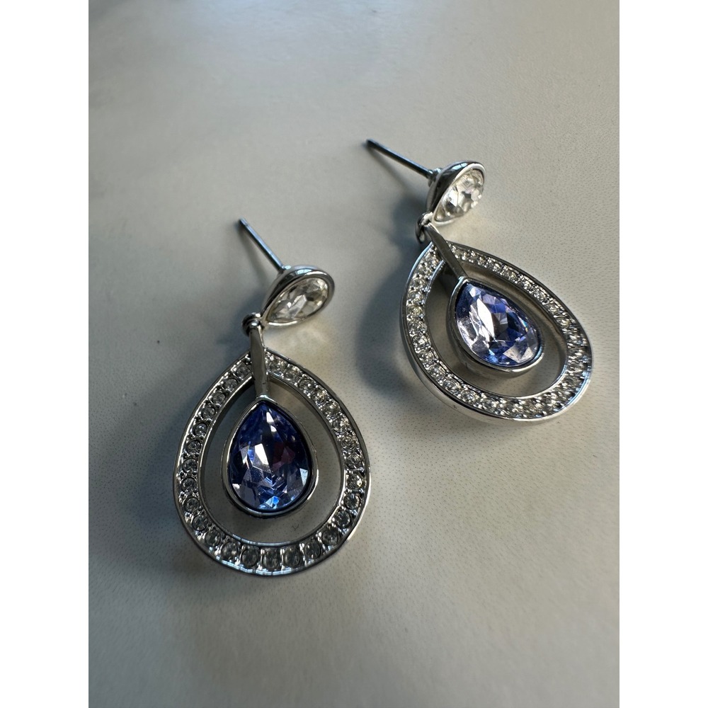 Swarovski Blue Crystal Teardrop Pave Drop Earrings Rhodium Plated Silver Tone